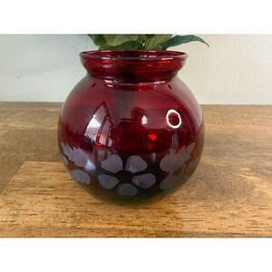 Vintage Anchor Hocking Royal Ruby Vase Etched Floral Glass Rose Bowl Red Glass